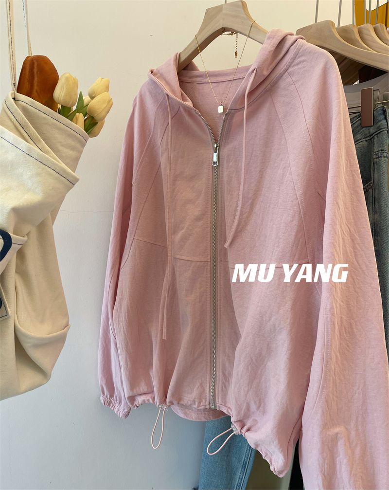 Single hole silk original board fabric-Fat sister hooded sunscreen shirt loose thin coat top for women