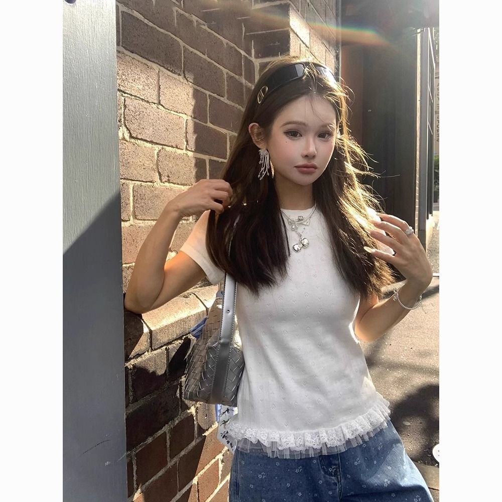 原版提花純欲蕾絲花邊短袖T恤女夏季拼接設計感修身上衣