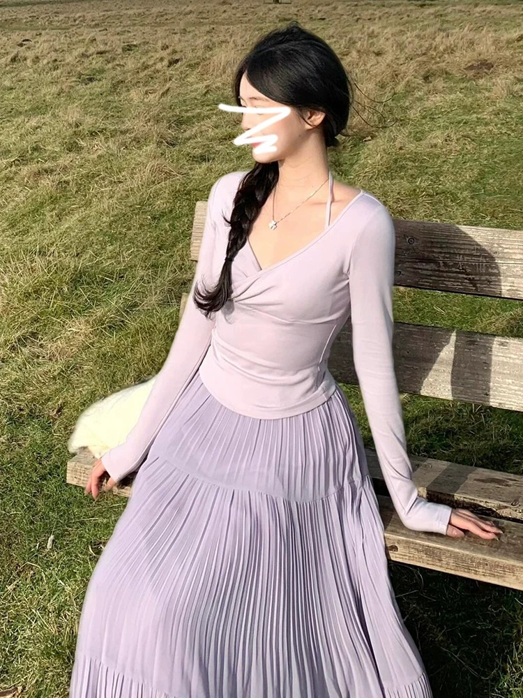 Purple halter neck top knit sweater half-body long skirt suit for women spring high-end Korean gentle style pleated skirt