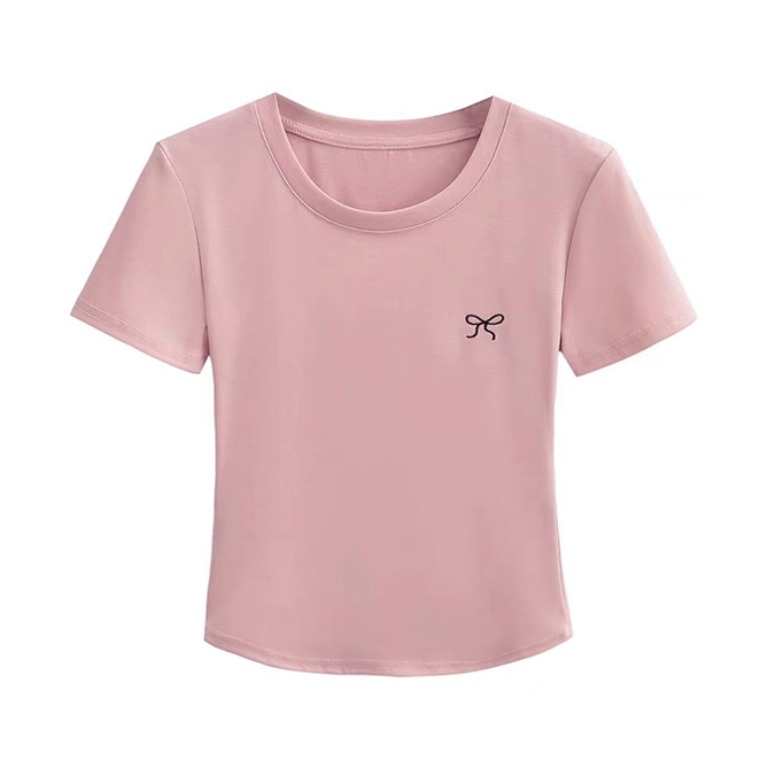 Ice silk knit sweater new bow printed round neck basic short-sleeved T-shirt slim top for women