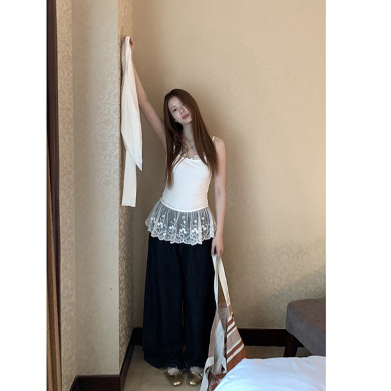Korean cotton suspender vest for women with white lace French temperament niche design sleeveless top for women