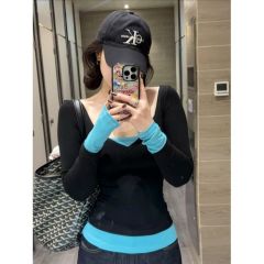 Modal cotton splicing fake two-piece long-sleeved T-shirt for women in spring hot girls slim V-neck base shirt top