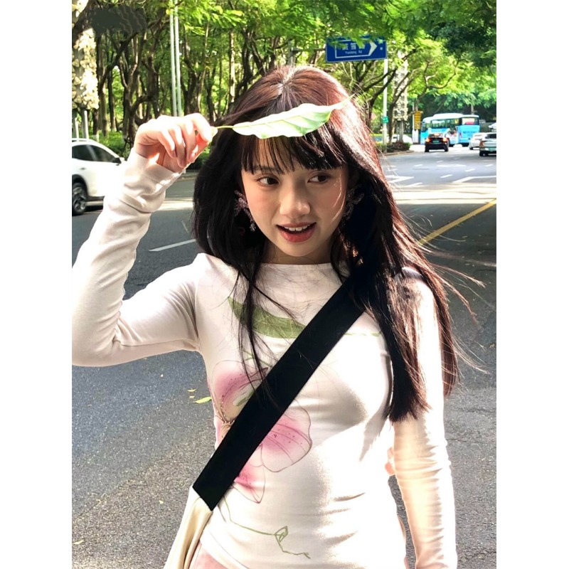 Korean cotton diamond flower print long-sleeved T-shirt women's spring sweet hot girl slim base shirt slim top