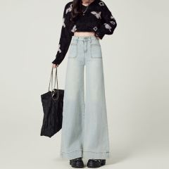 Commuting versatile design wide-leg jeans for women in spring and autumn new high-waisted slim and high floor jeans trendy