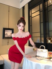 Real shot!  Temperament handmade rose one-shoulder red sexy tight waistband hip strapless dress