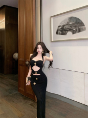 Real shot of hollow sexy rose metal halter neck slim slim sexy long dress