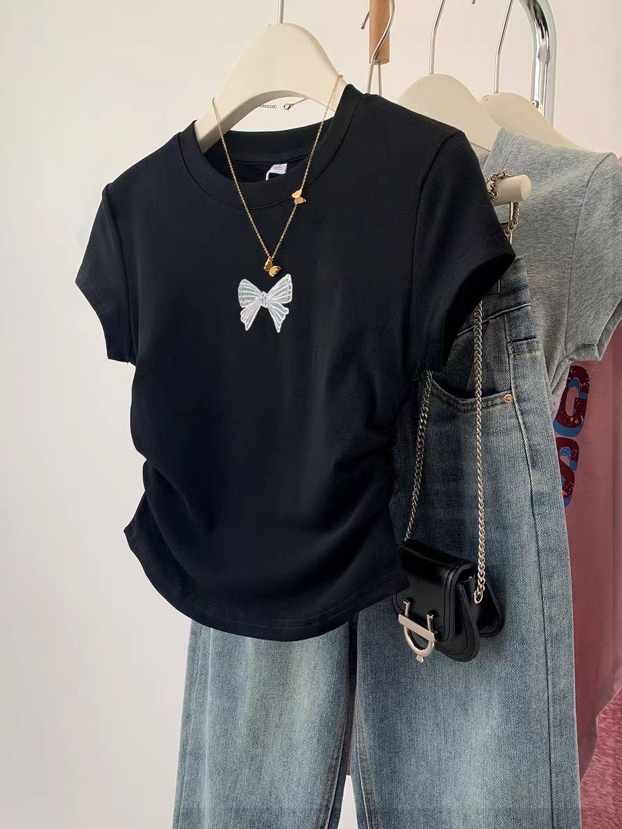 Pure cotton high elastic pleated waist small flying sleeve short sleeve T-shirt for women in summer new slim T-shirt top