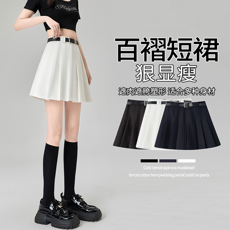Real shot of Tennis denim pleated skirt for women in spring and summer, high-waisted slim and anti-exposure A-line skirt