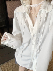 實拍 翻領寬鬆別致蕾絲拼接長袖襯衫V領長袖上衣