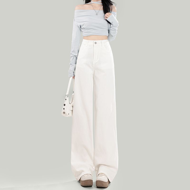 Exclusive for small people ~ nine-pointers/trousers/extended options!  White high waist wide-leg jeans drooping slimming pants