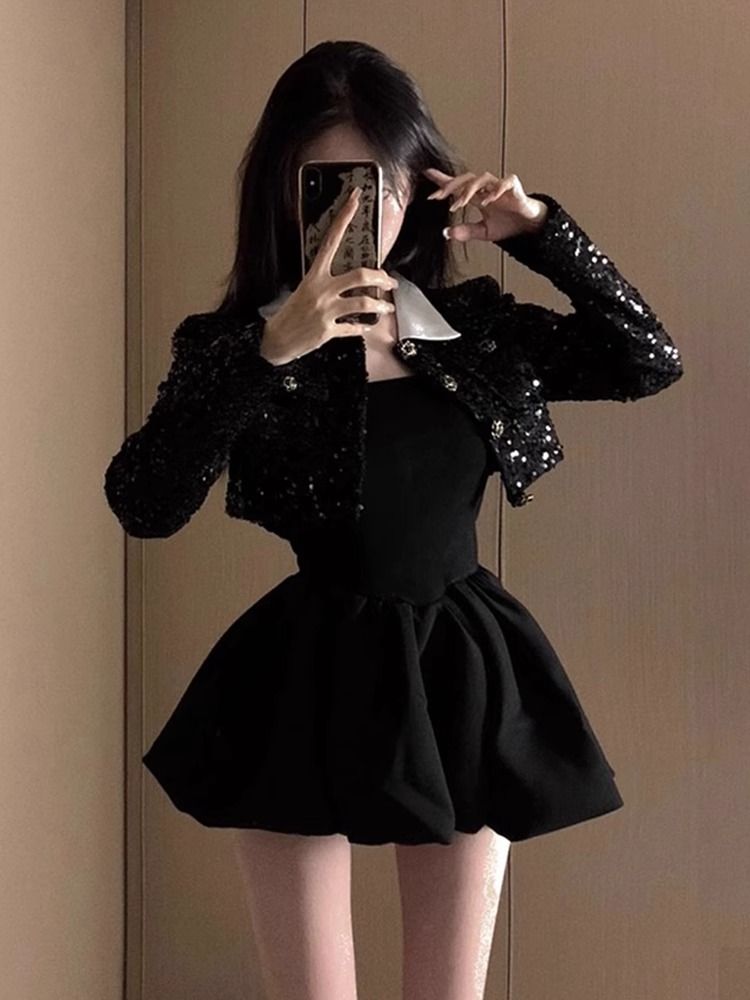Rich family daughter Xiaoxiang style suit Spring and autumn new high-end celebrity short jacket Square collar princess puff dress