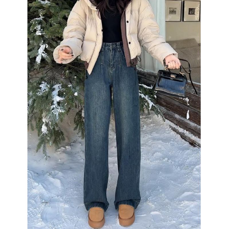 Trendy straight jeans for women in spring and autumn new style design sense commuting high waist loose slimming wide-leg jeans trendy