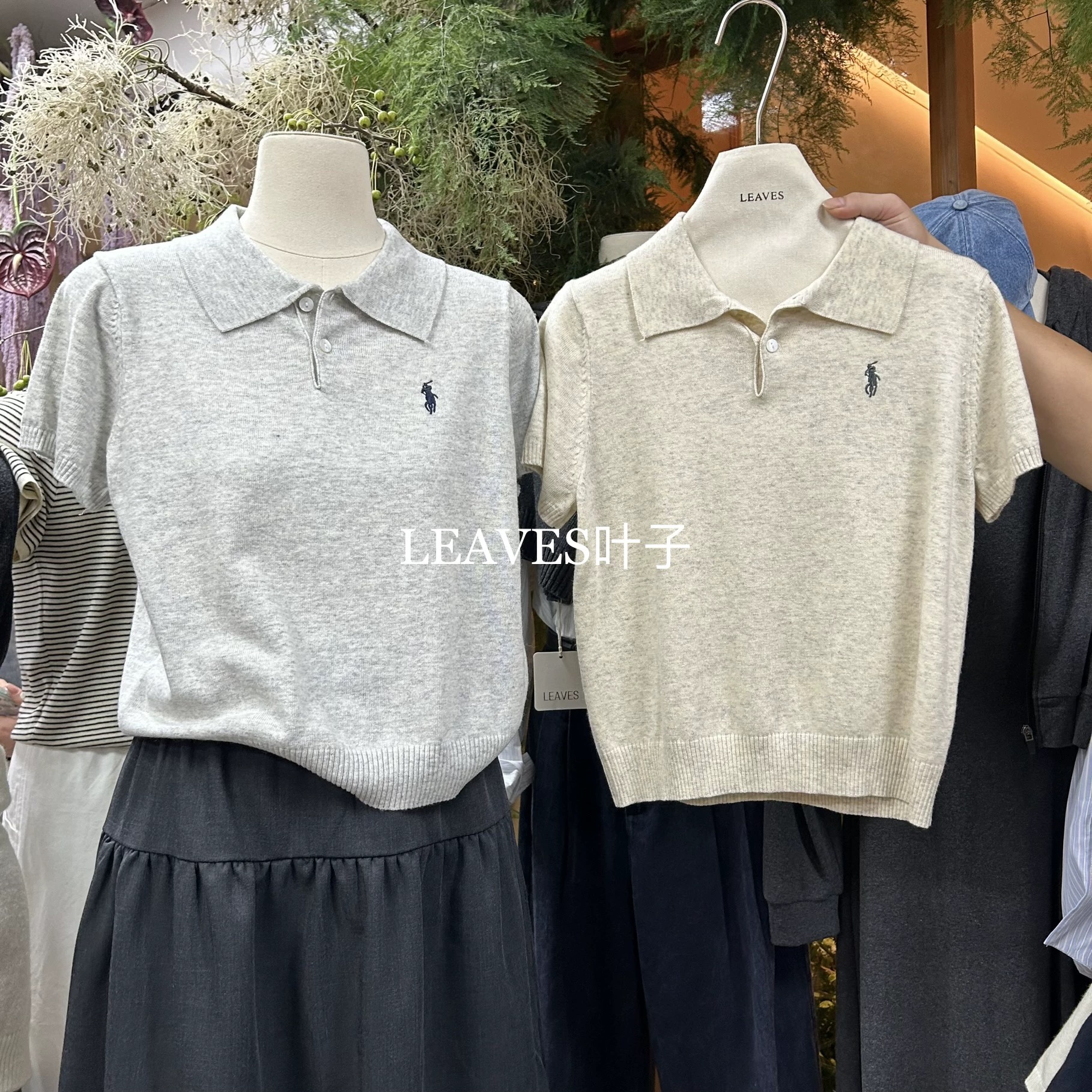 LEAVES Leaf Korean version polo neck short-sleeved knitted top for women's autumn casual versatile pony embroidered sweater