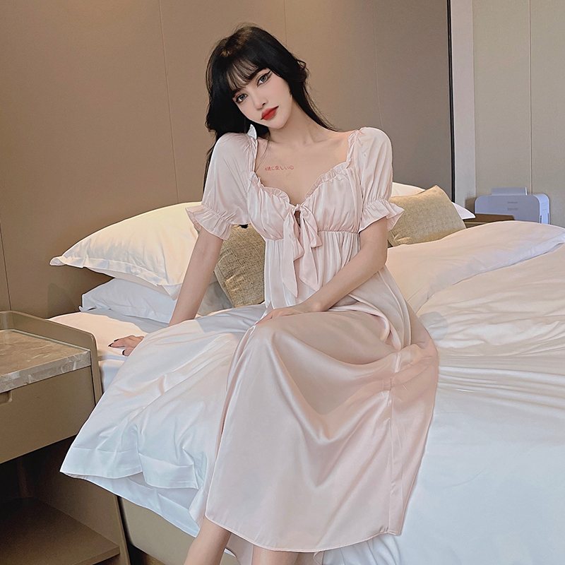 實拍純欲真絲睡衣法式性感宮廷風V領蝴蝶結短袖優雅長裙睡衣