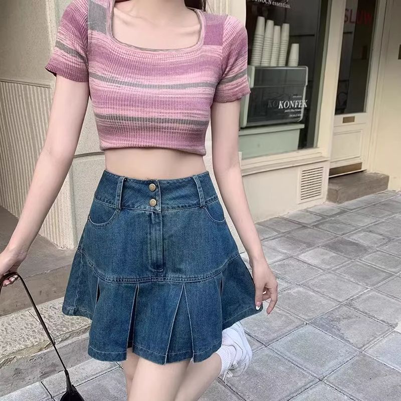 High-waisted pleated denim skirt for women in summer new style to cover belly and make them look slim pear-shaped body anti-exposure A-line short skirt