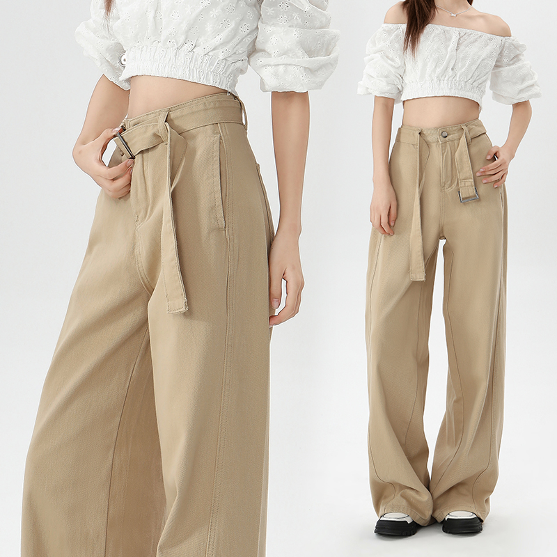Khaki spring casual straight high waist pants women's jeans women's wide-leg pants with belt