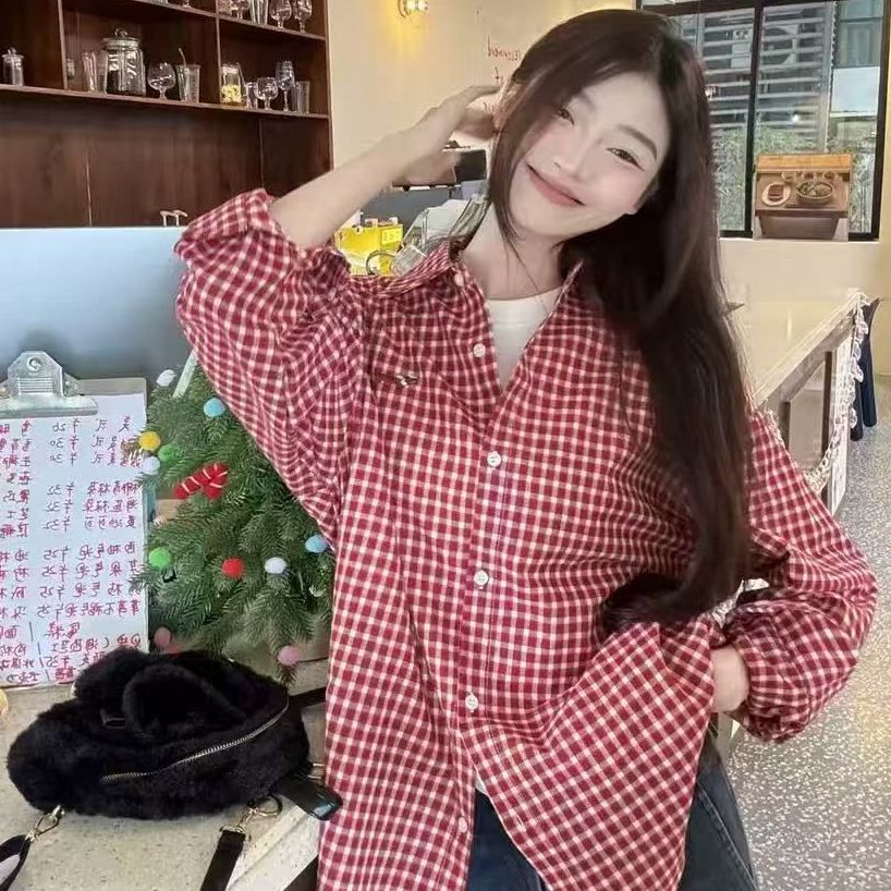 American dachshund puppy red plaid shirt for women in spring new loose age-reducing versatile commuter jacket