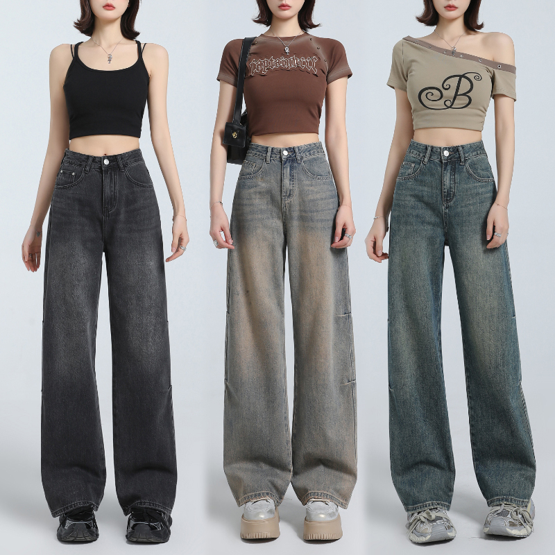 American retro high waist wide-leg jeans for women in spring 2025 new loose slim drooping mop pants