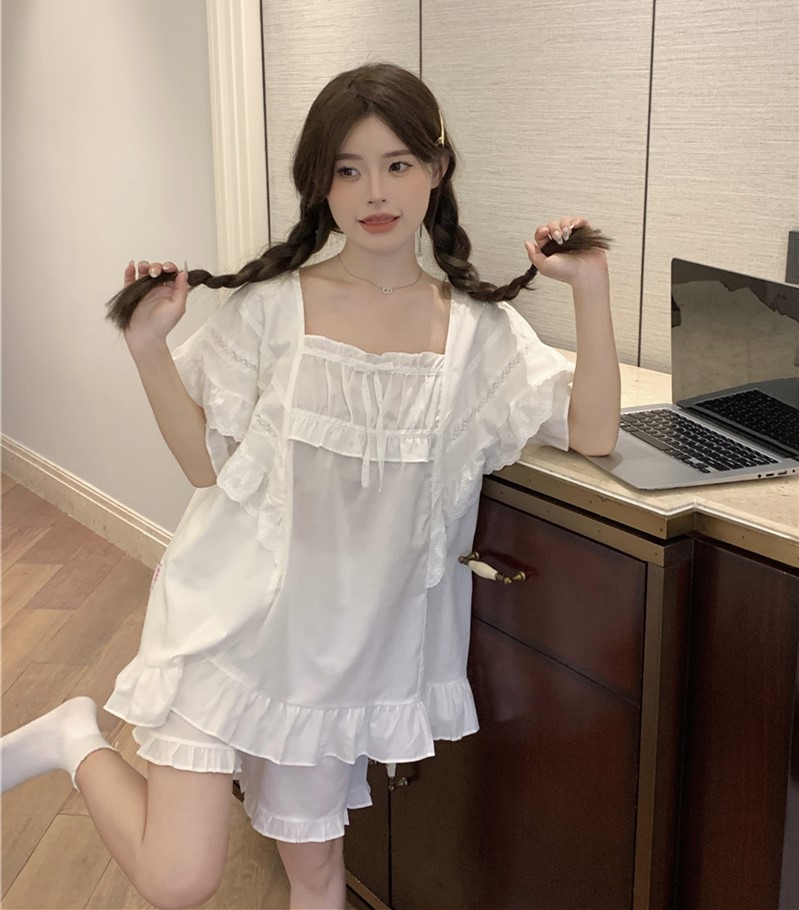實拍韓版韓版甜美公主風小清新全棉純色飛飛袖寬鬆舒適家居服