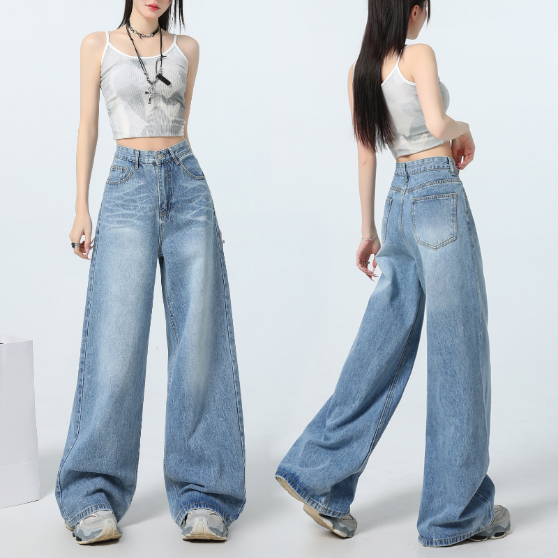 Washed scratch-patterned light-colored wide-leg jeans for women in 2025 new versatile loose slimming floor trousers extended