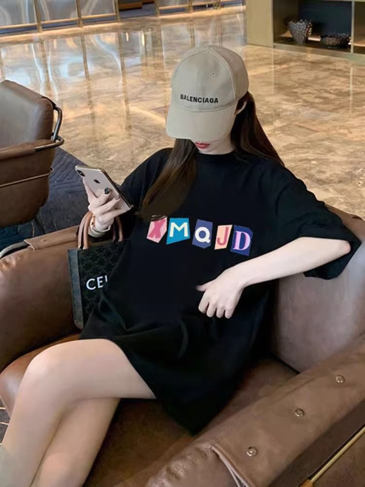 200g pure cotton 2025 new summer large size loose mid-length dress fat mm short-sleeved T-shirt skirt for women