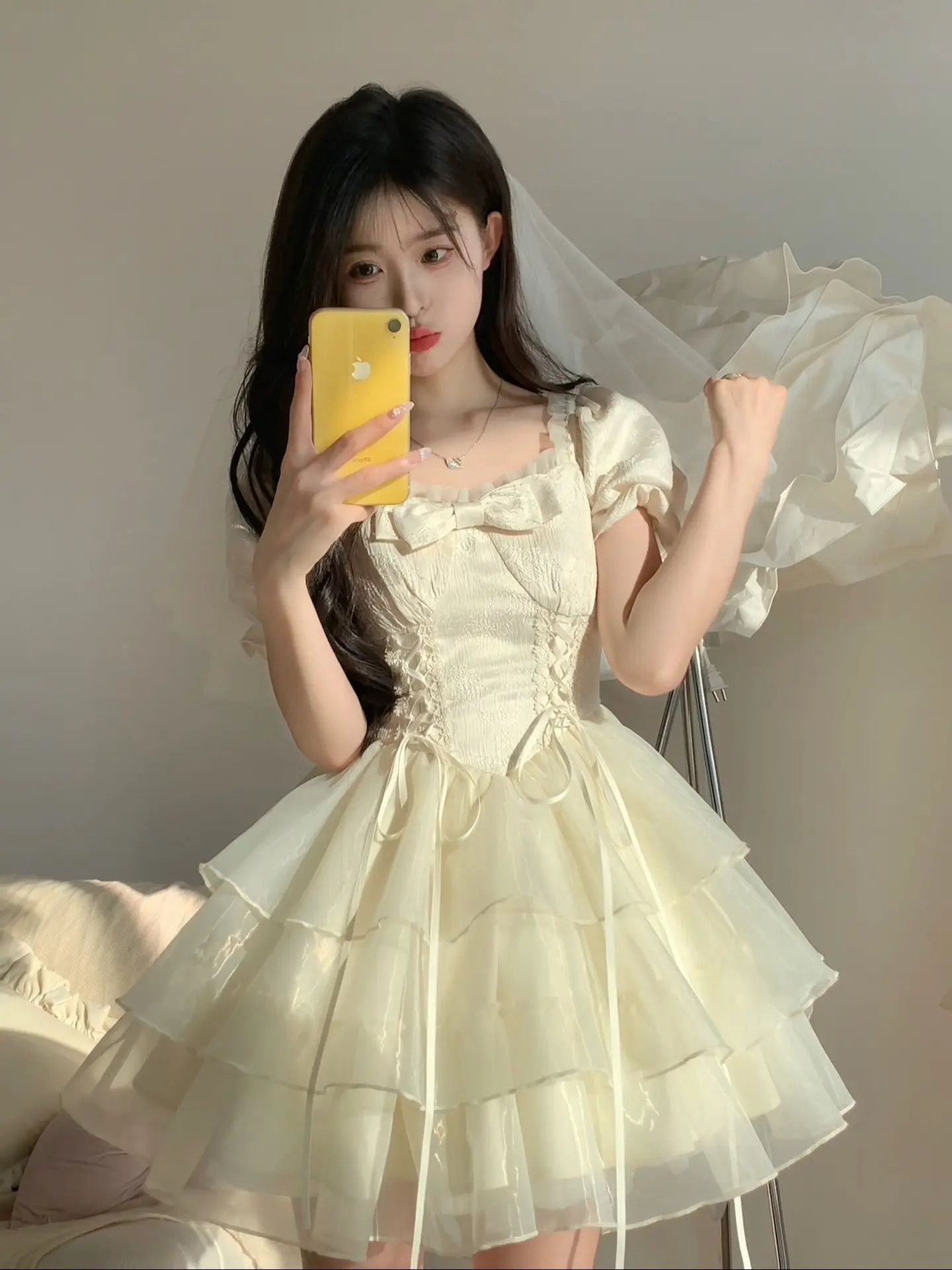 實拍2025蝴蝶結提花歐根紗仙女感連衣裙女在逃公主蓬蓬短裙子