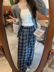 Lace lace retro plaid casual pants for women in spring lazy loose loose slim straight pants draped wide-leg pants