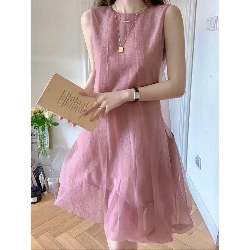 Pink round neck sleeveless dress for women 2025 summer new women's clothing temperament design loose dress