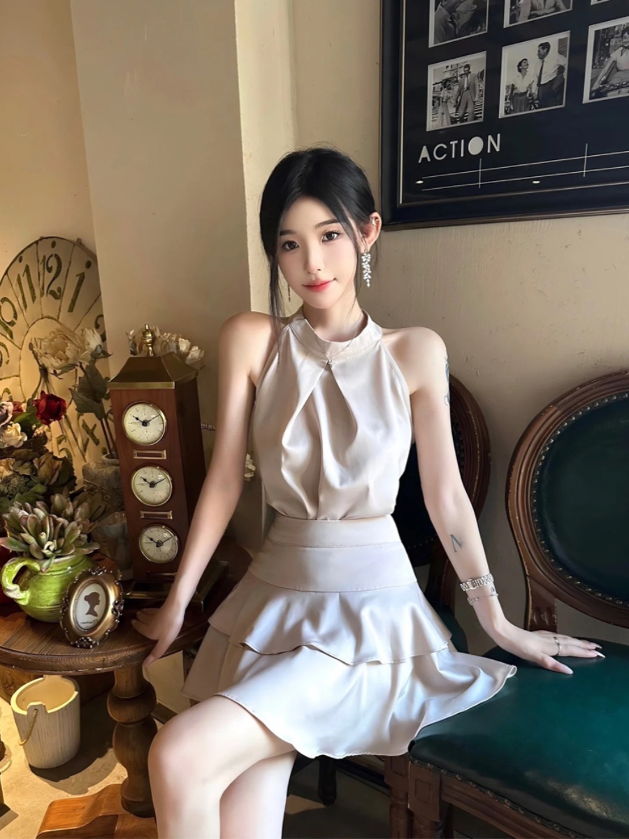 Temperament suit Apricot satin halter neck top for women summer high waist short skirt A-line skirt skirt two-piece set