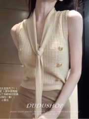 小香名媛提花飄帶修身無袖T恤短袖上衣T小香風針織背心