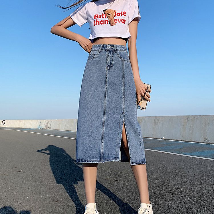 Mid-length denim skirt for women in summer, slim and high waist, slit temperament, small one, half-length skirt