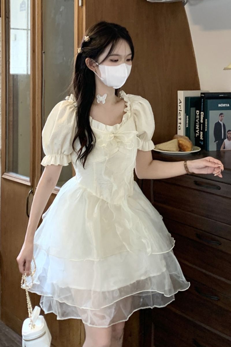 Fairy black ears square collar dress for women in spring and summer 2025 new princess style waist-hugging fluffy cake skirt