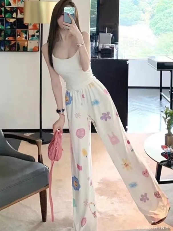 韓國外貿甜美學院風印花圖案休閒褲子女夏季寬鬆高腰顯瘦闊腿褲