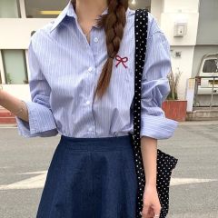 Original workmanship, three-standard blue striped embroidered shirt for women's spring fashion college style shirt