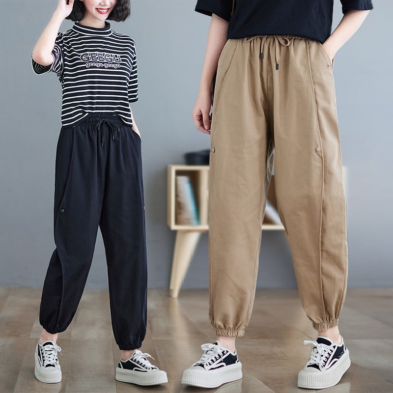 Working pants Heavy Industry Summer New Loose Korean Style Harun Casual Pants Drawstring Elastic Waist Bloomer Pants Women
