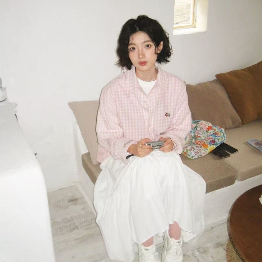 粉色多巴胺格子長袖襯衫女2025春季韓系甜美慵懶風防曬外套上衣潮
