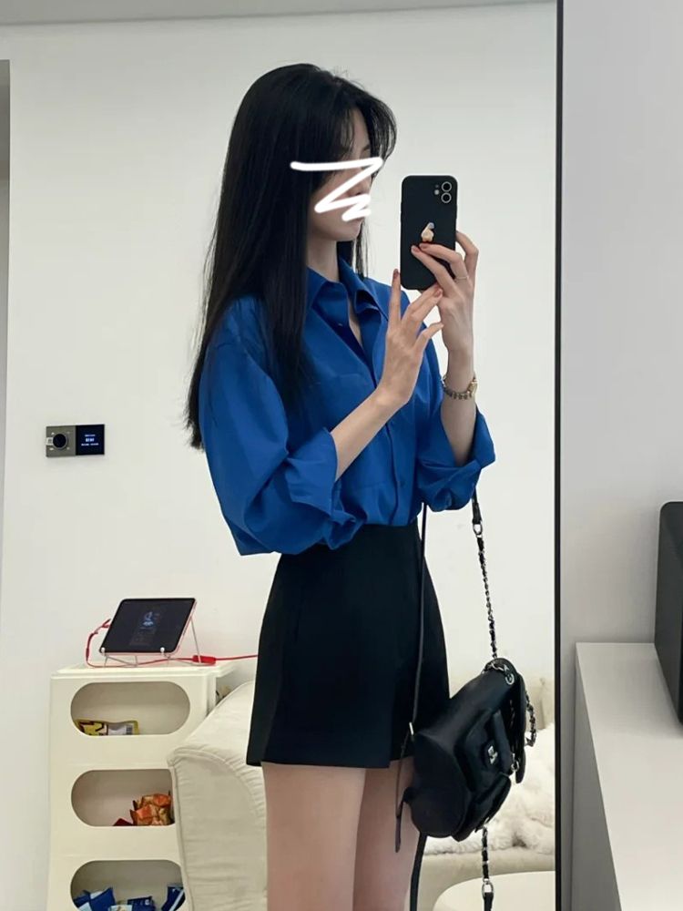 Pure cotton high quality Klein blue shirt jacket women's shirt French style loose top