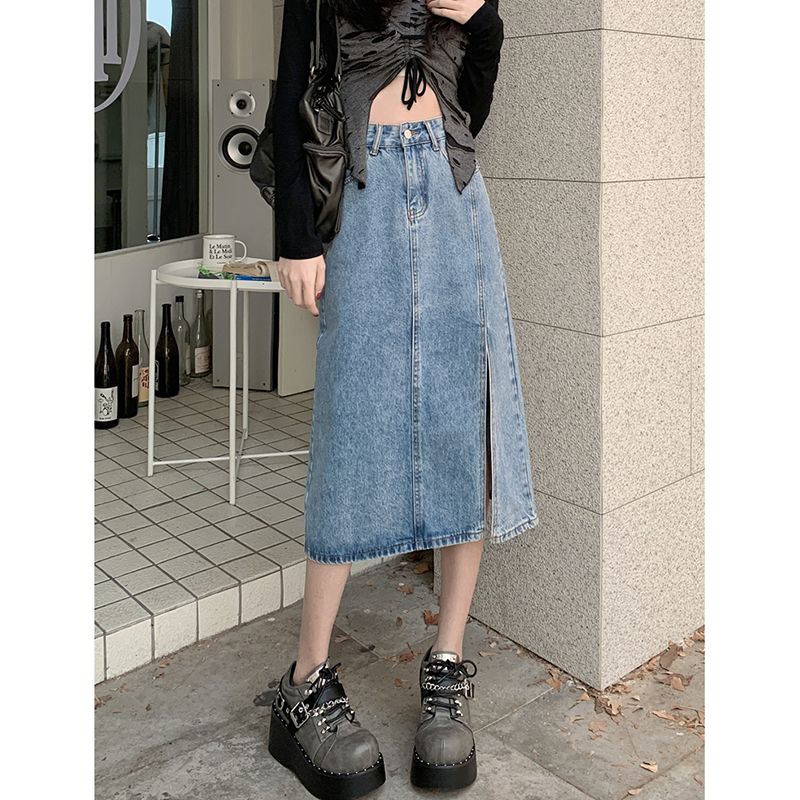 All-match Korean denim skirt skirt for women in spring and summer new high-waisted slim mid-length A-line hip denim skirt