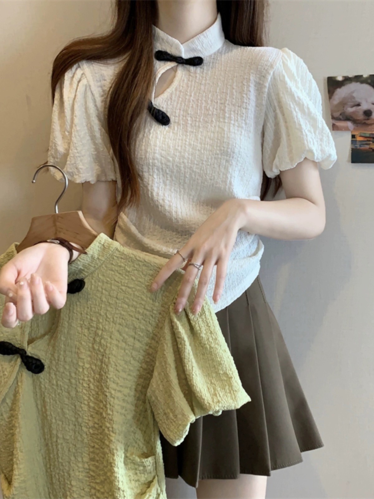 Official picture of Chinese style stand-up collar short-sleeved T-shirt for women in summer new design puff sleeves slim waist top trendy