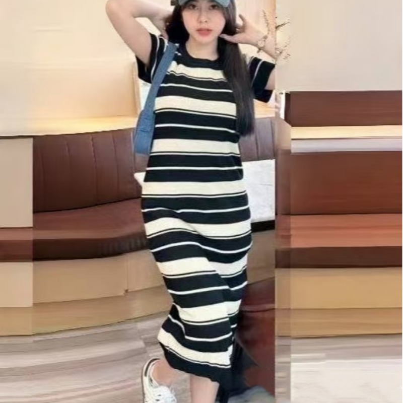 韓版氣質百搭短袖內搭條紋針織連衣裙時尚流蘇設計休閒圓領中長裙