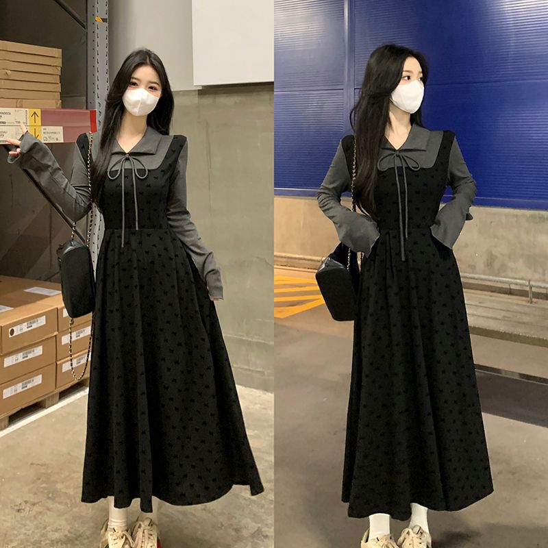 Hepburn style high-end black polka dot dress for women with gentle French slim polo collar fake two-piece skirt