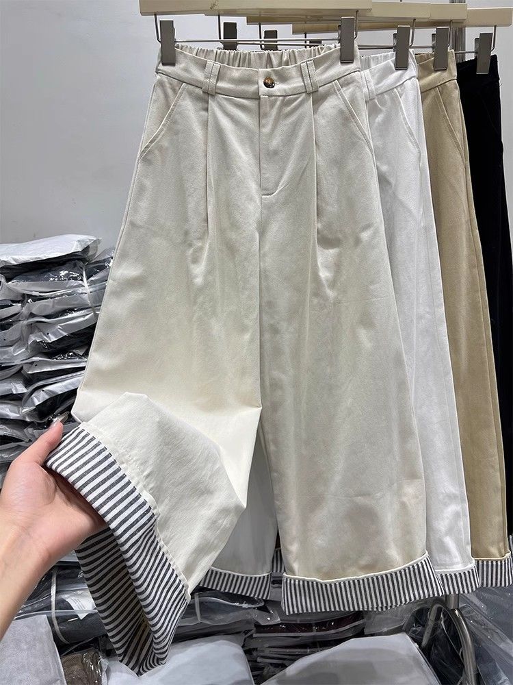 Korean design-striped rolled wide-leg pants for women's new style of retro loose straight nine-point casual trousers
