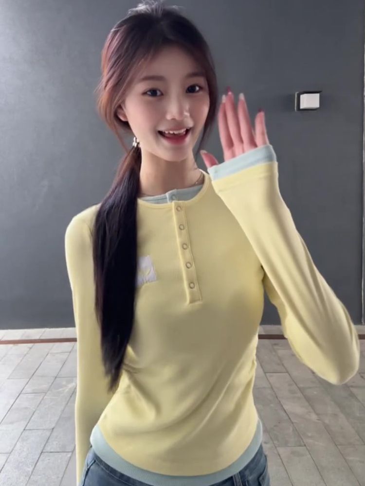 Original workmanship #Embroidery 2×2 people cotton modal 260g fake two-piece long-sleeved T-shirt for women