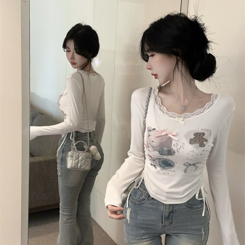 Dopamine drawstring long-sleeved T-shirt for women in autumn and winter pure hot girls short top showing their figure lace base shirt inside