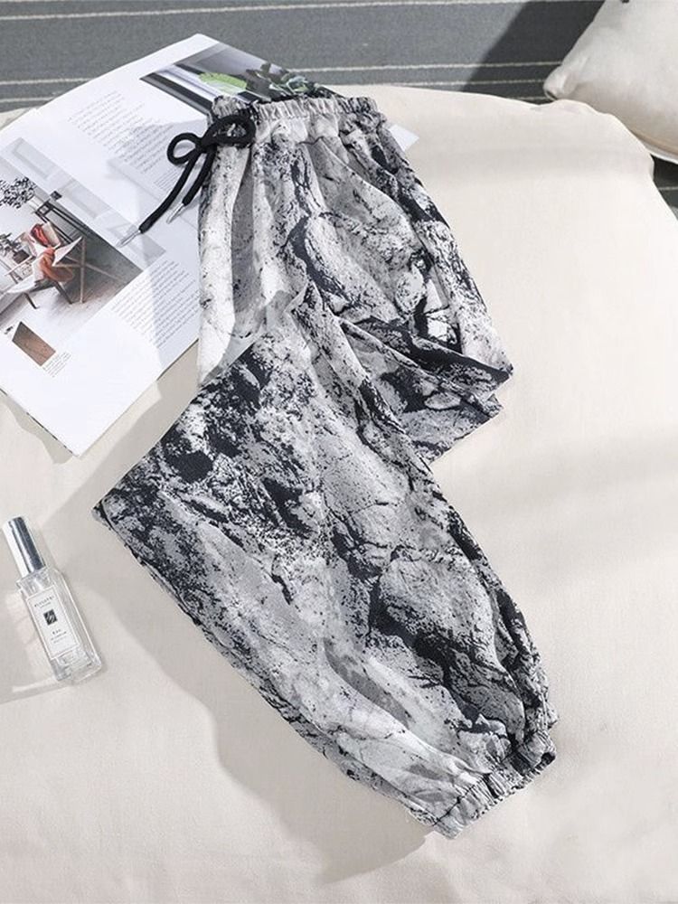Ice silk ink painting printed chiffon bloomers for women in summer thin loose wide-leg tying feet mosquito-proof Harun cropped pants