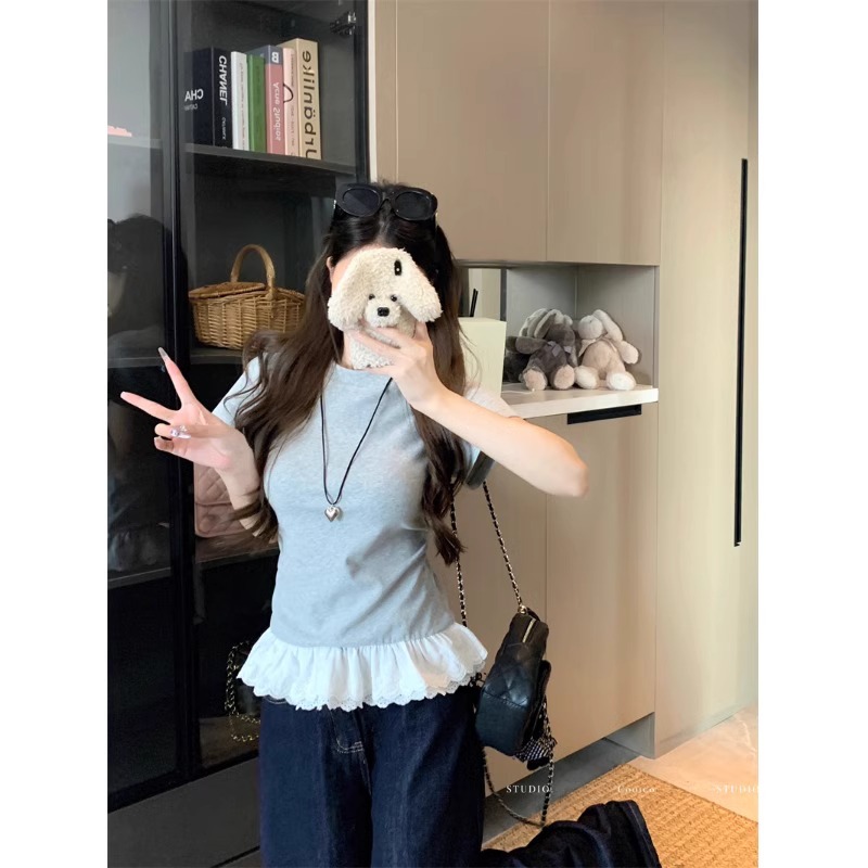 kumikumi設計感復古撞色拼接短袖T恤女夏季小眾chic收腰內搭上衣