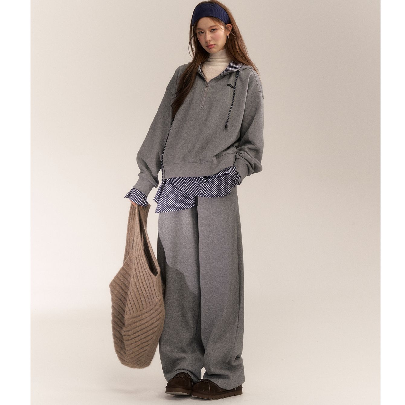 Pure cotton Hua cotton original workmanship Meng/Zi/Yi same style plaid splicing fake two-piece wide-leg pants two-piece set for women's spring