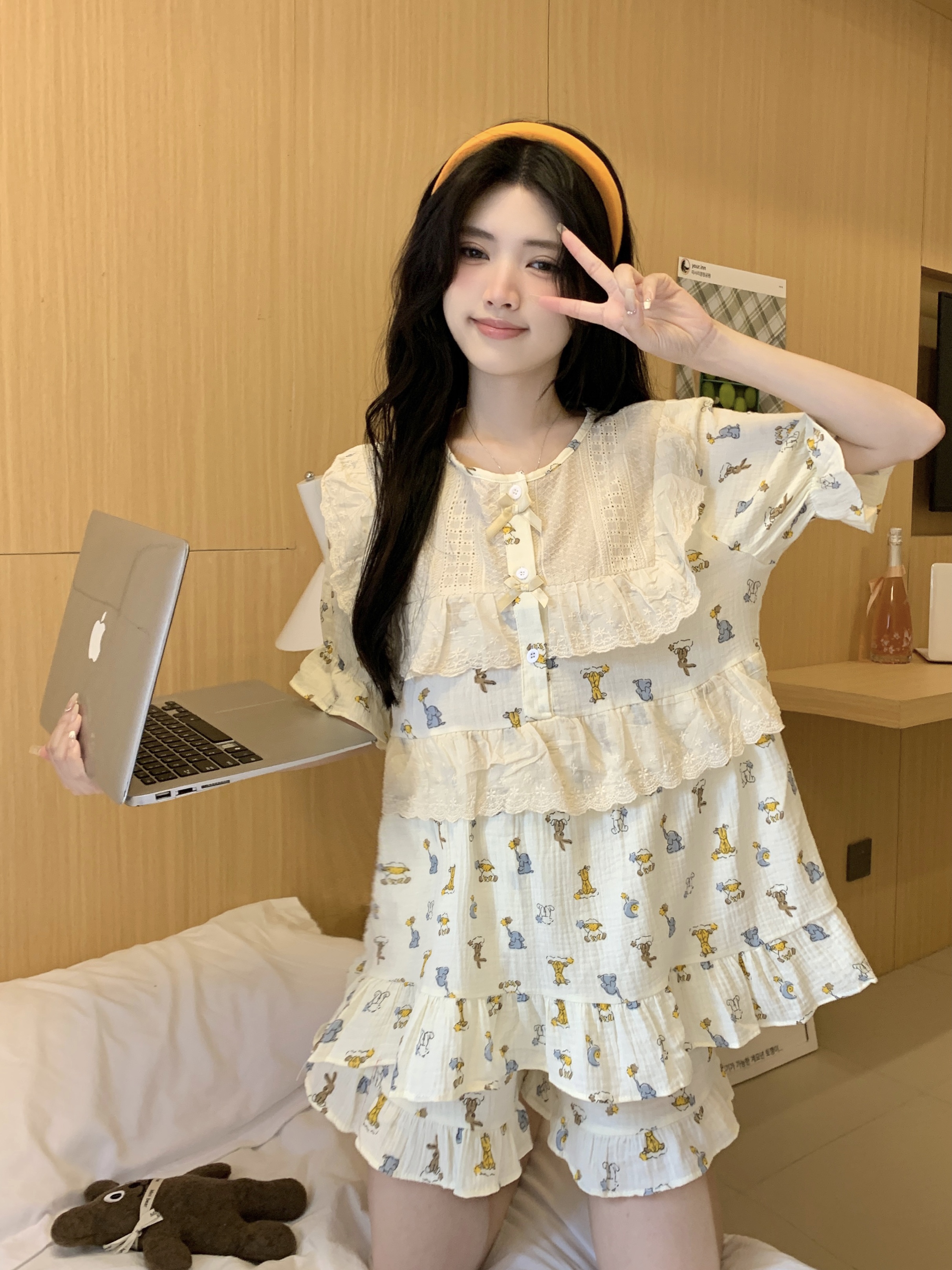 實拍韓版甜美公主風重工刺繡蕾絲軟綿雙紗短袖短褲家居服套裝