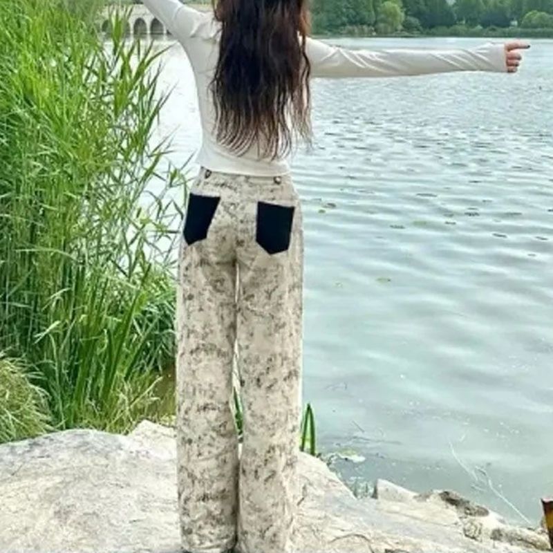 High Street tie-dye printed wide-leg pants for women in spring and autumn new high-waist loose slimming drooping and mopping jeans