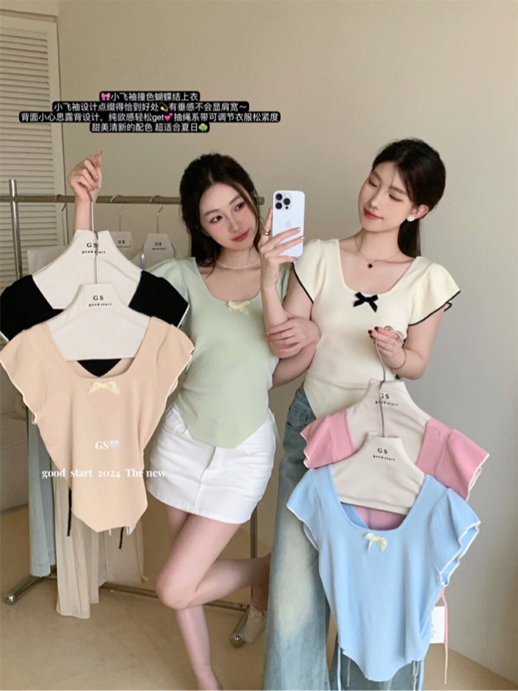 GS2025夏季韓系新款飛飛袖小眾蝴蝶結針織衫小眾氣質顯瘦U領上衣
